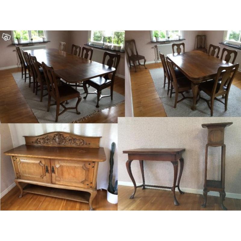 Exklusiv antik matsalsgrupp:bord,stolar,skänk